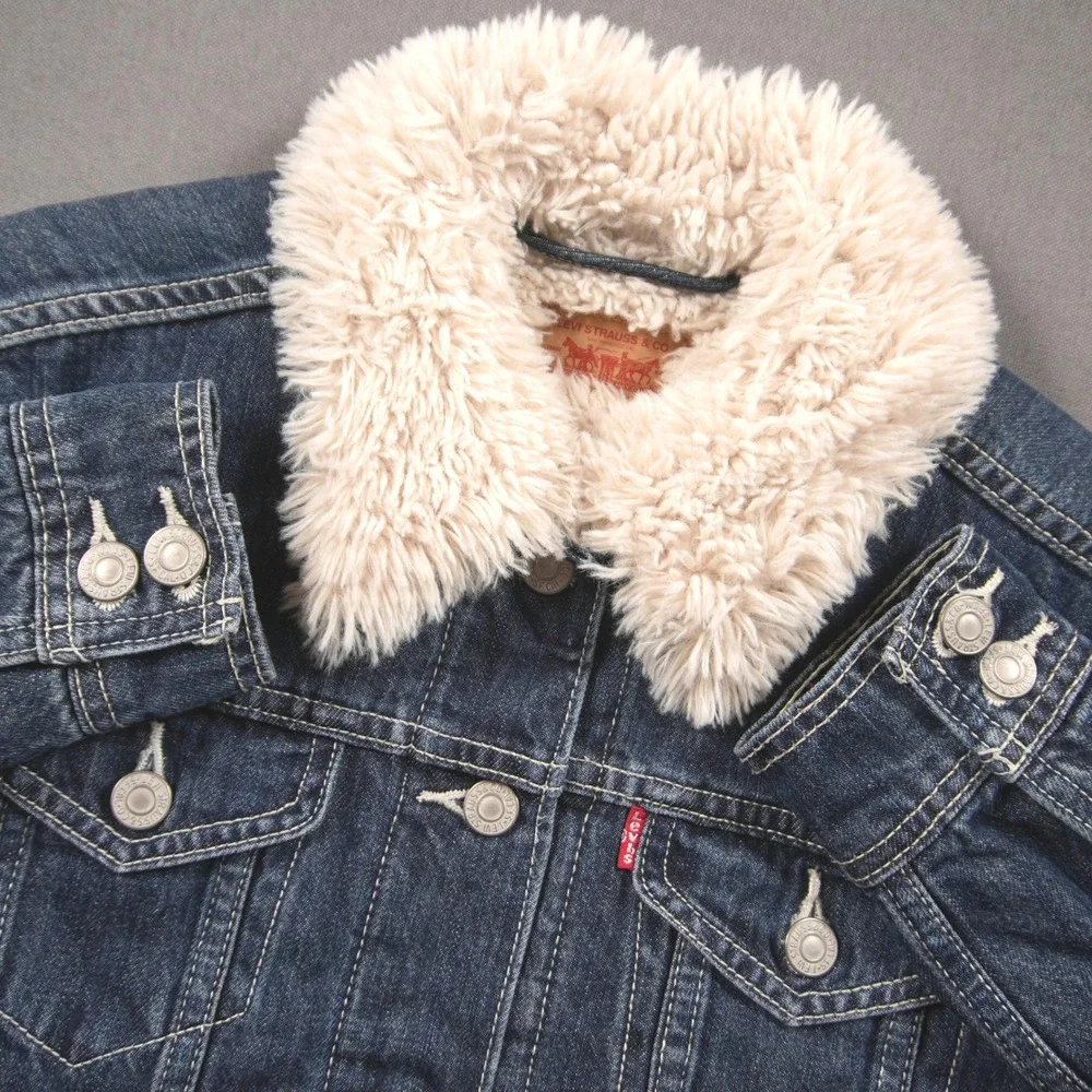 Levi's Sherpa Collar Lined Trucker Dark Denim Women Jacket S Western Y2K Retro